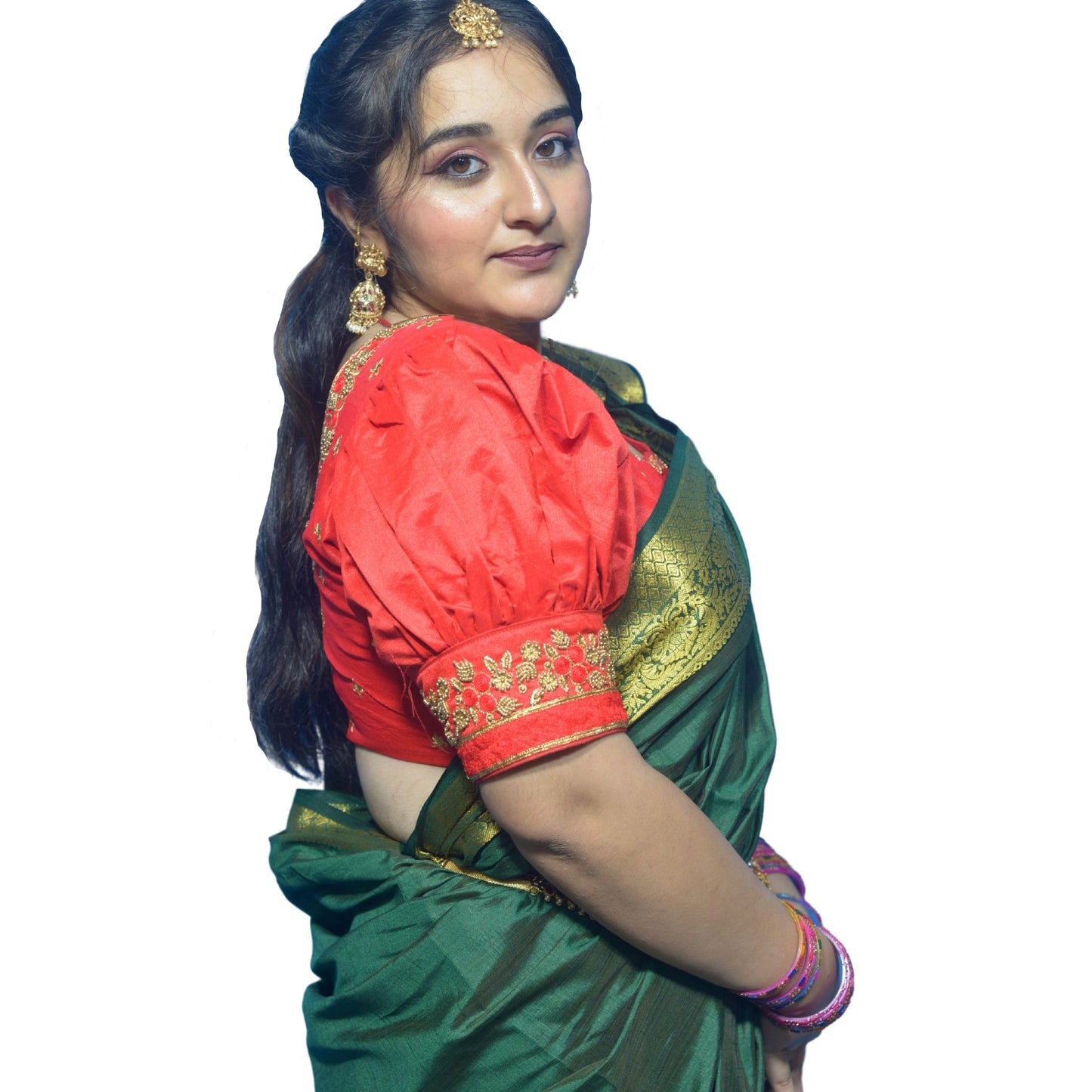 Red Blouse with Gold Motifs & Dual Embroidery