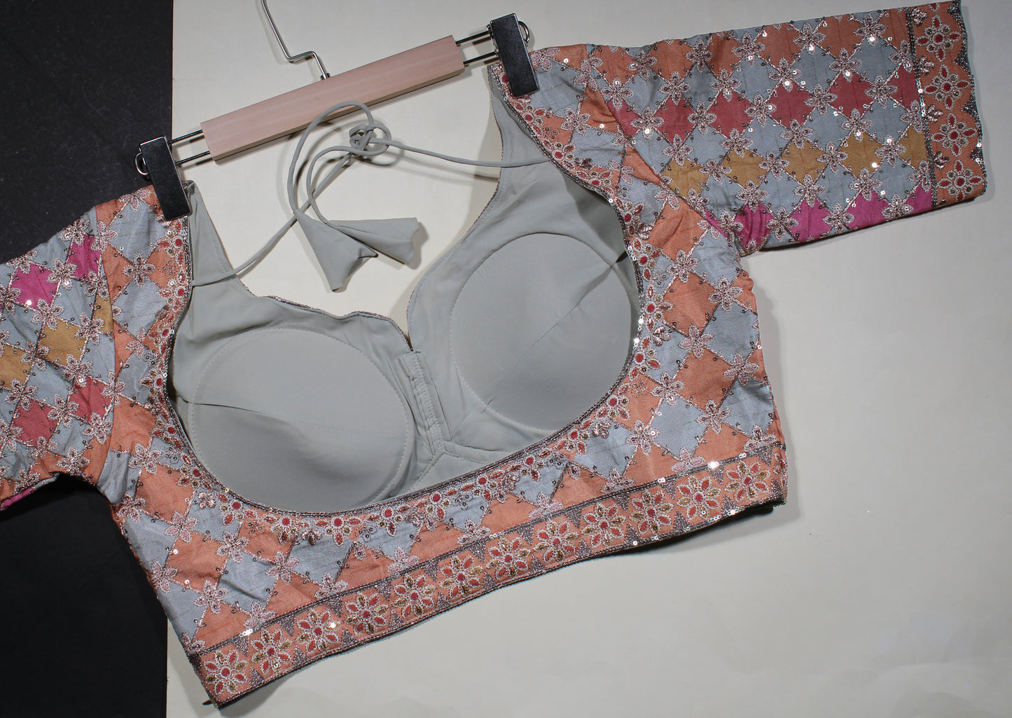 Grey and Peach Patchwork Zari Grid Blouse
