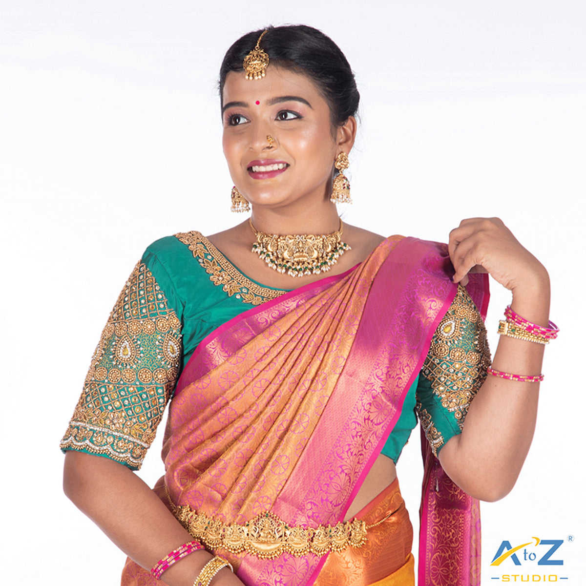 Light Rama Blue Silk Cloth Blouse with kundan and chain work Design