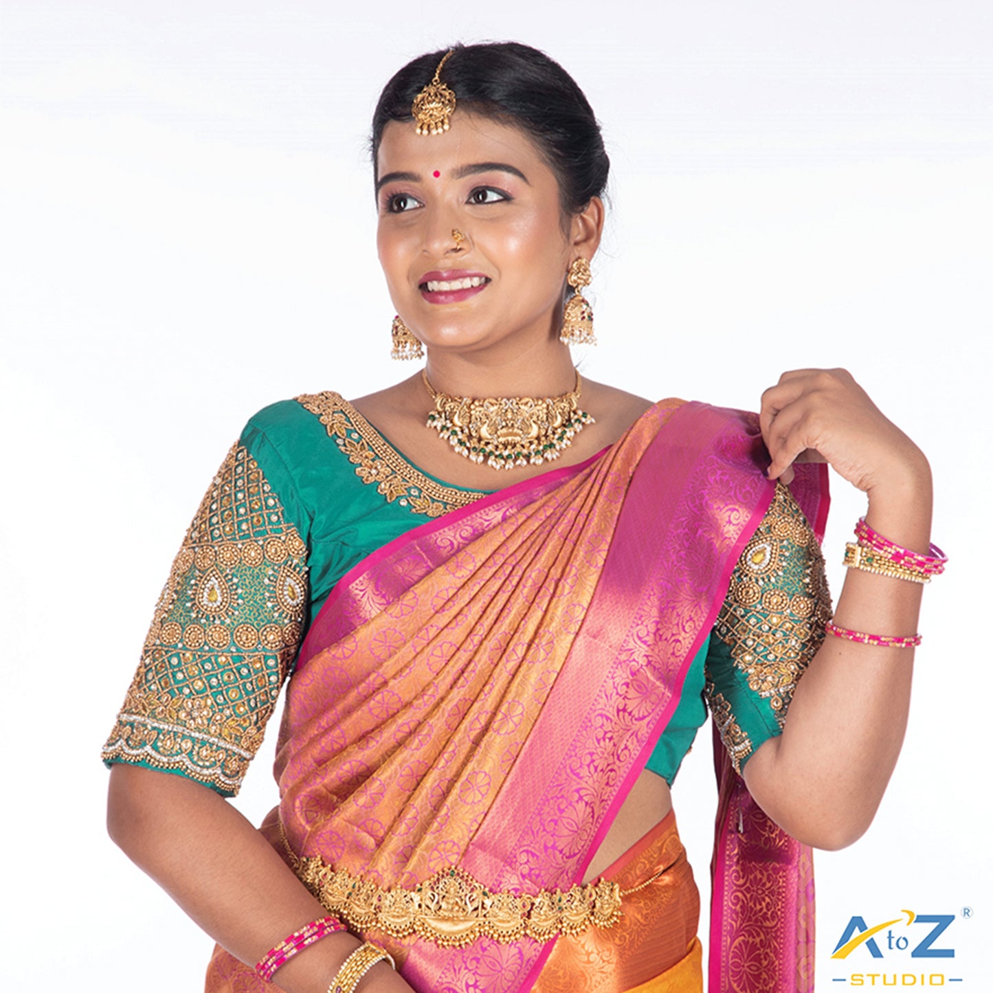 Light Rama Blue Silk Cloth Blouse with kundan and chain work Design