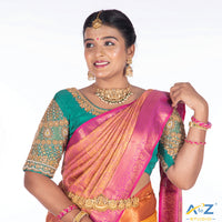 Light Rama Blue Silk Cloth Blouse with kundan and chain work Design