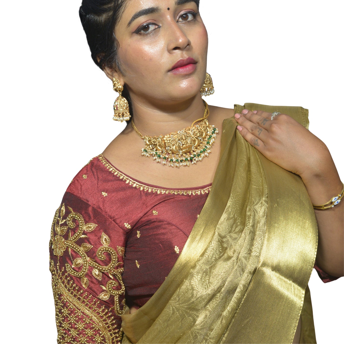 Reddish Maroon Blouse with Leaf Sleeves & Dual Embroidery