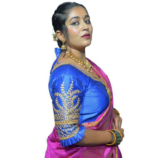 Designer Royal Blue Blouse with Cross Plus Pattern and Puff Sleeves