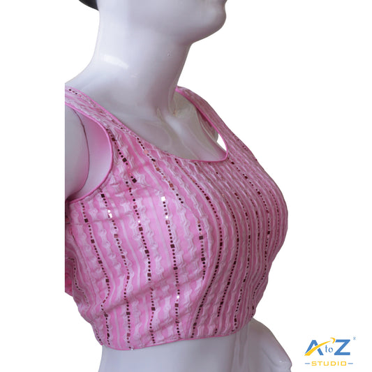 Baby Pink Sequin Striped Sleeveless Blouse