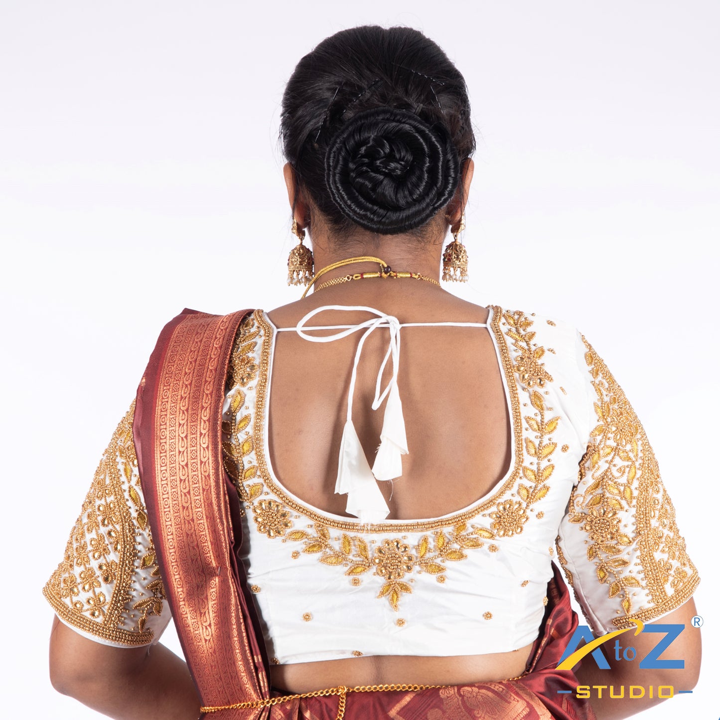 White Silk Cloth Blouse with Leaf and flower Design