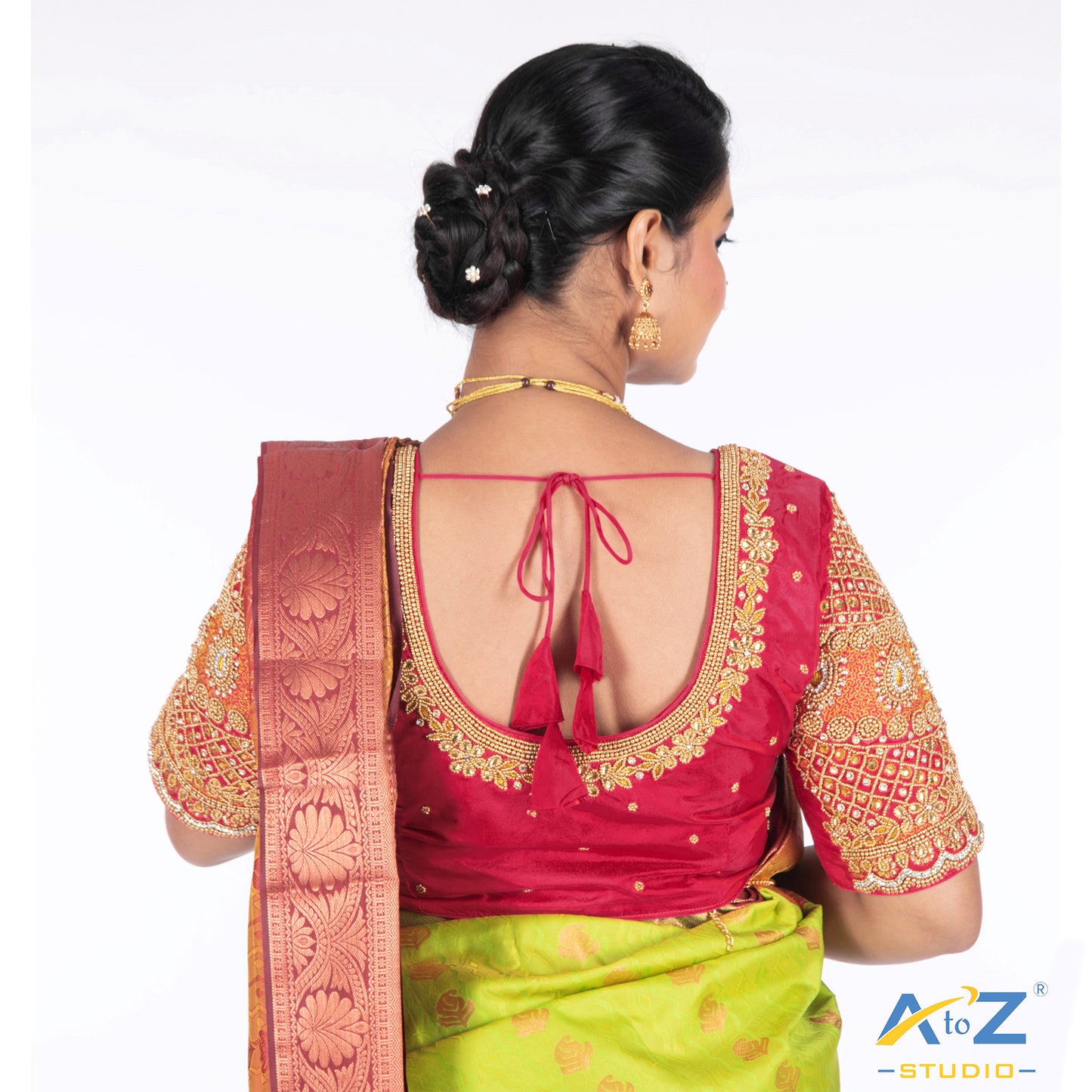 Brink Pink Silk Cloth Blouse with kundan and chain work Design