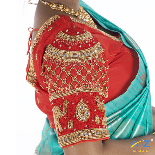 Red Silk Cloth Blouse with Elephant and chain design Design