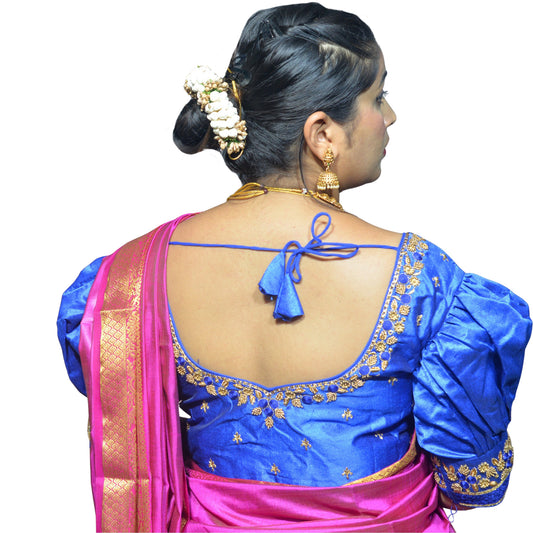 Royal Blue Blouse with Gold Motifs & Dual Embroidery