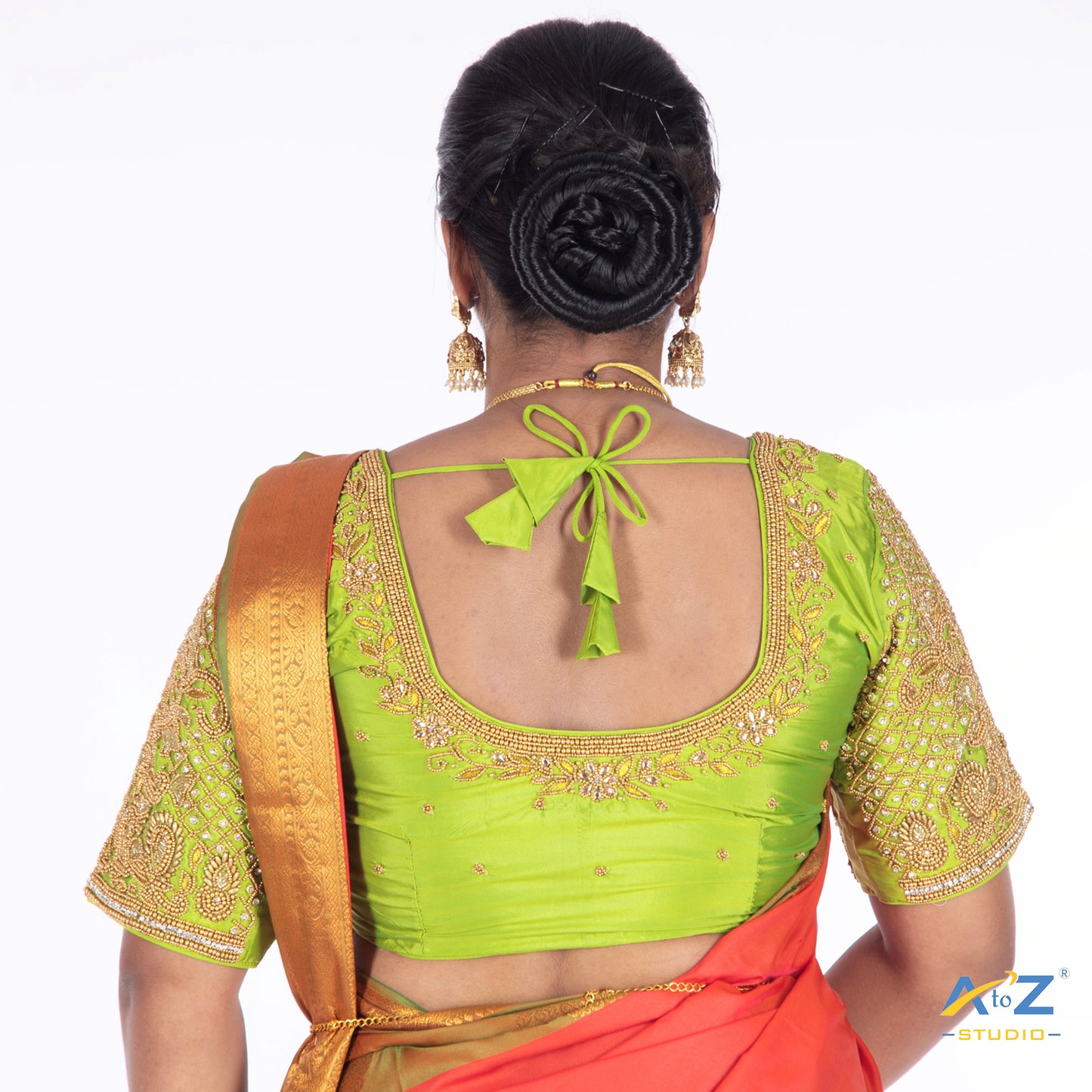 Parrot Green Silk Cloth Blouse with Small Peacock and square chain Design