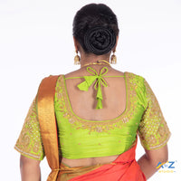 Parrot Green Silk Cloth Blouse with Small Peacock and square chain Design