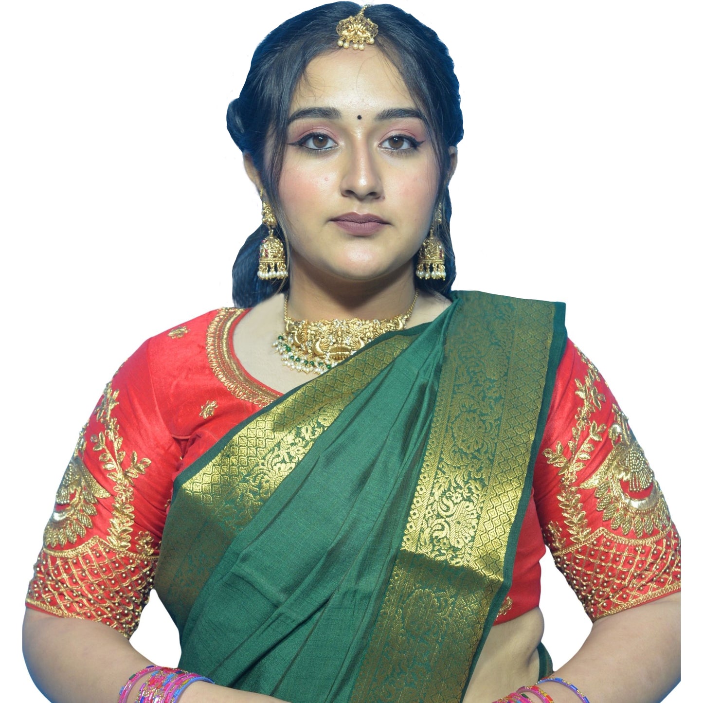 Red Peacock Blouse with Shoulder Motifs & Criss-Cross Back