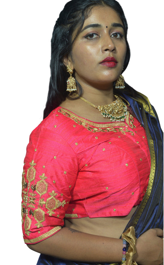 V Pink Blouse with Floral & Geometric Embroidery