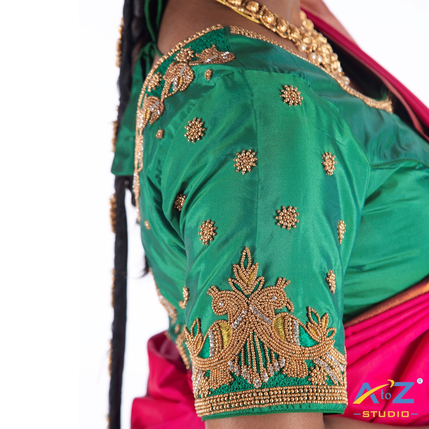 Light Forest Green Silk Cloth Blouse with Double bird at back and sleeves with chain Design