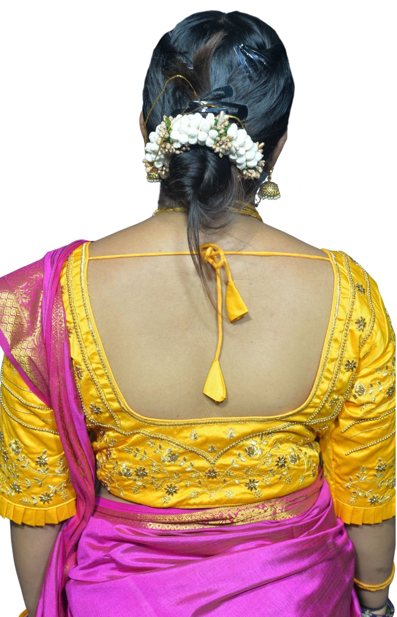 Vibrant Golden Yellow Blouse with Multi-Color Floral Embroidery and Frill Sleeves