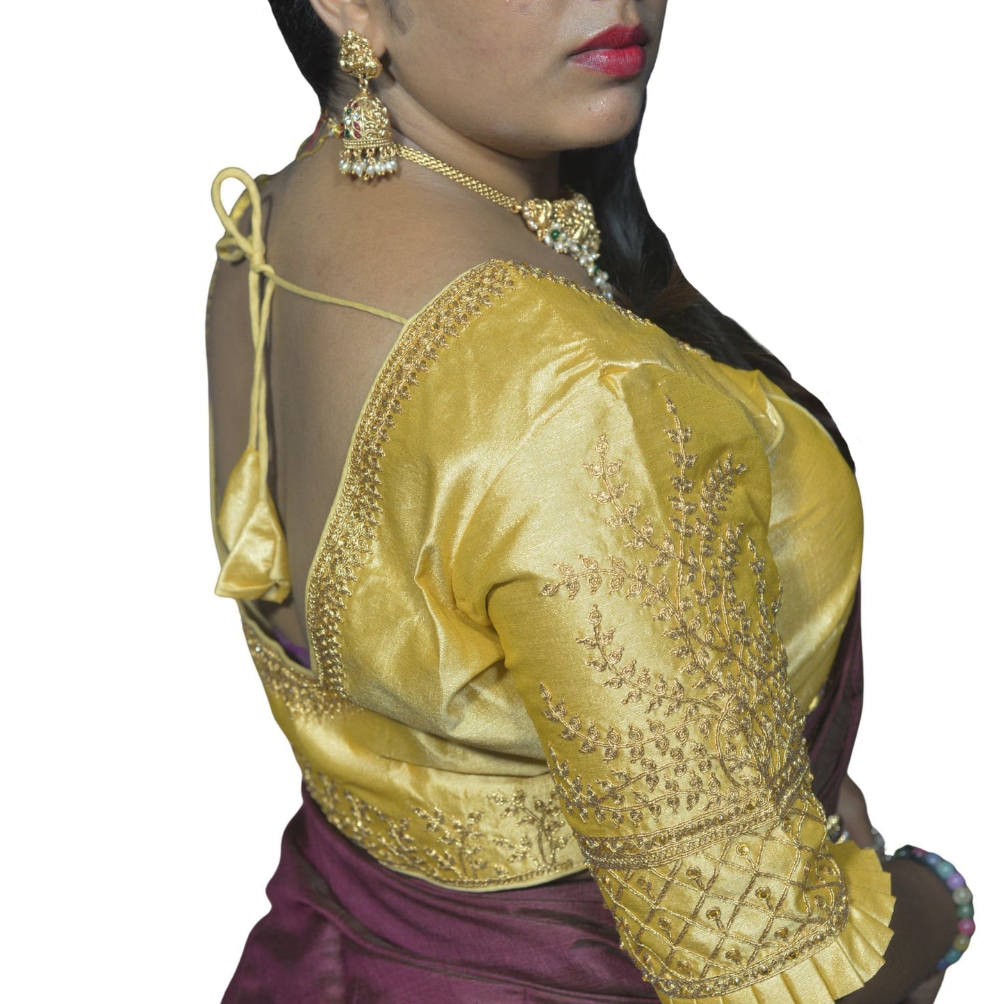 Designer Gold Blouse with Cross Plus Pattern and Puff Sleeves