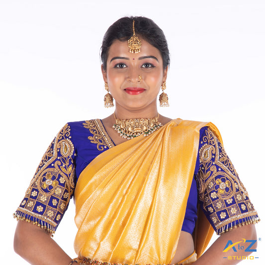 Royal Blue Silk Cloth Blouse with Kite with Flower Design