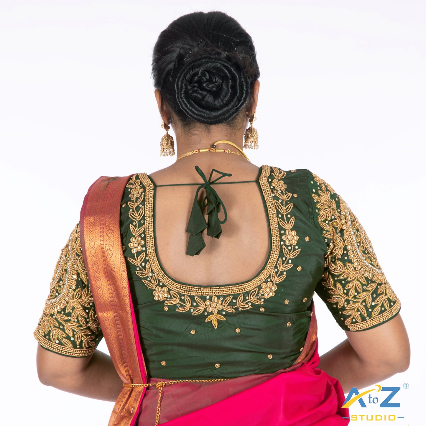 Bottle Green Tissue Cloth/Gold Work Blouse with Circle and kundan work Design