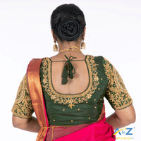 Bottle Green Tissue Cloth/Gold Work Blouse with Circle and kundan work Design