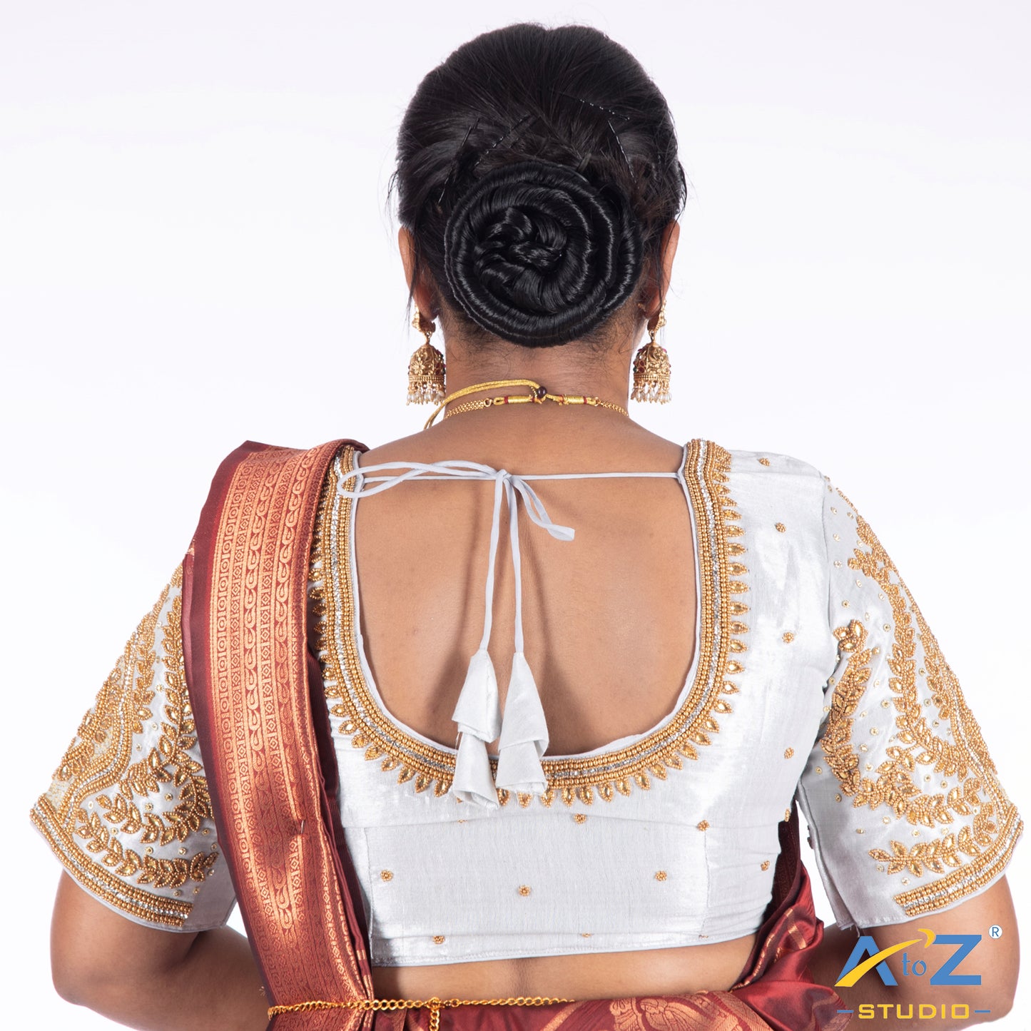 Silver Silk Cloth Blouse with Small leaf and chain work Design