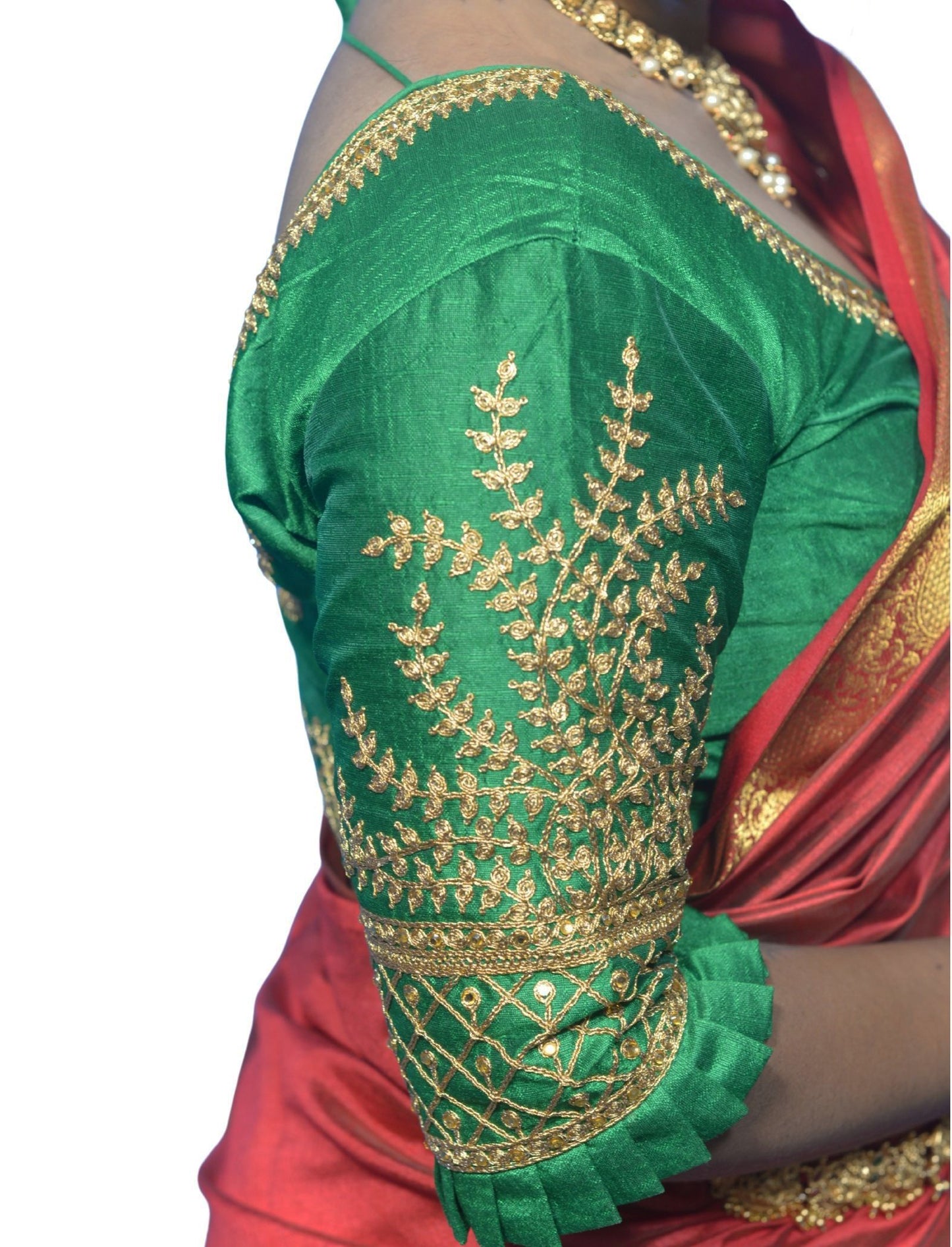 Designer Green Blouse with Cross Plus Pattern and Puff Sleeves