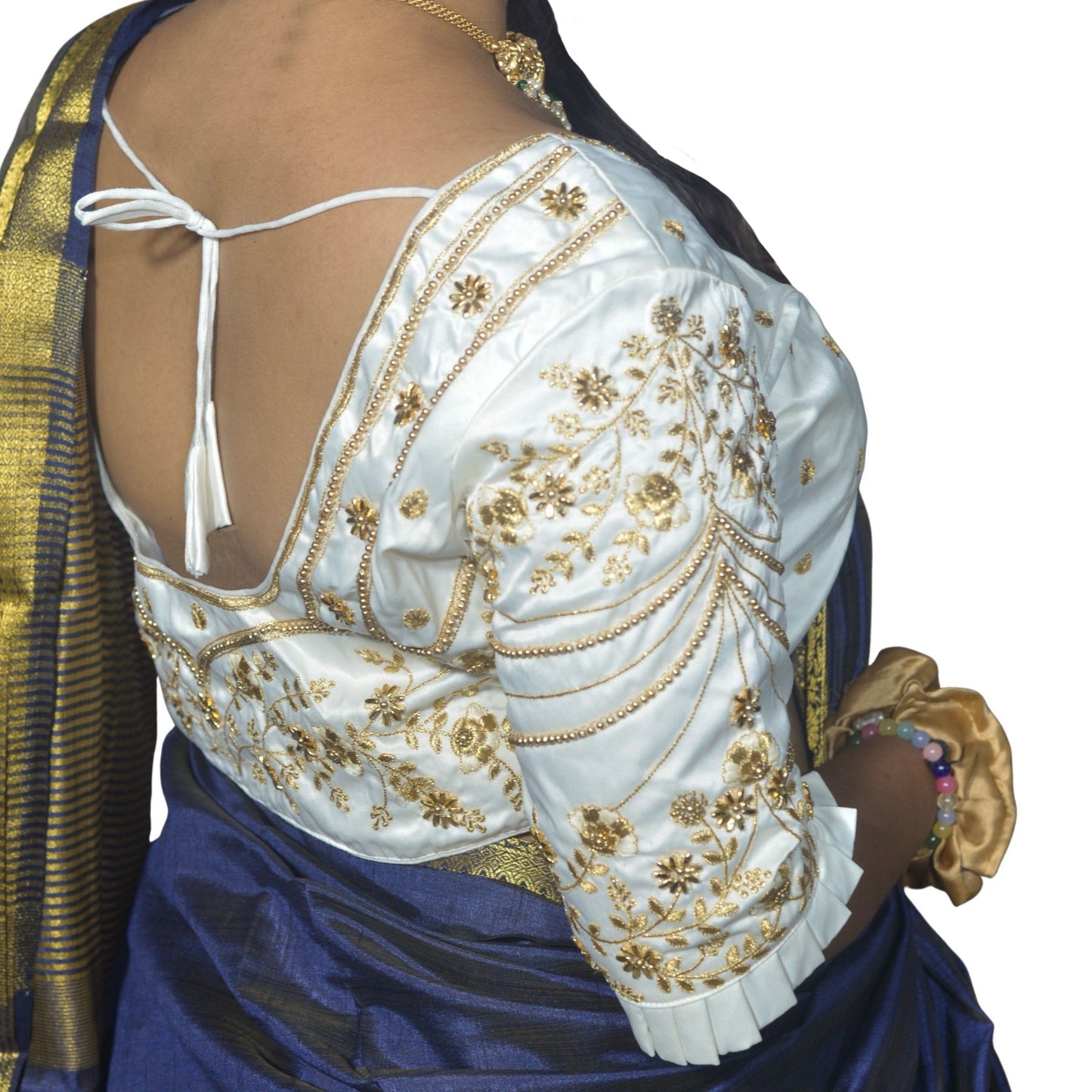 Vibrant White Blouse with Multi-Color Floral Embroidery and Frill Sleeves