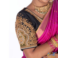 Black Silk Cloth Blouse with Small leaf and chain work Design