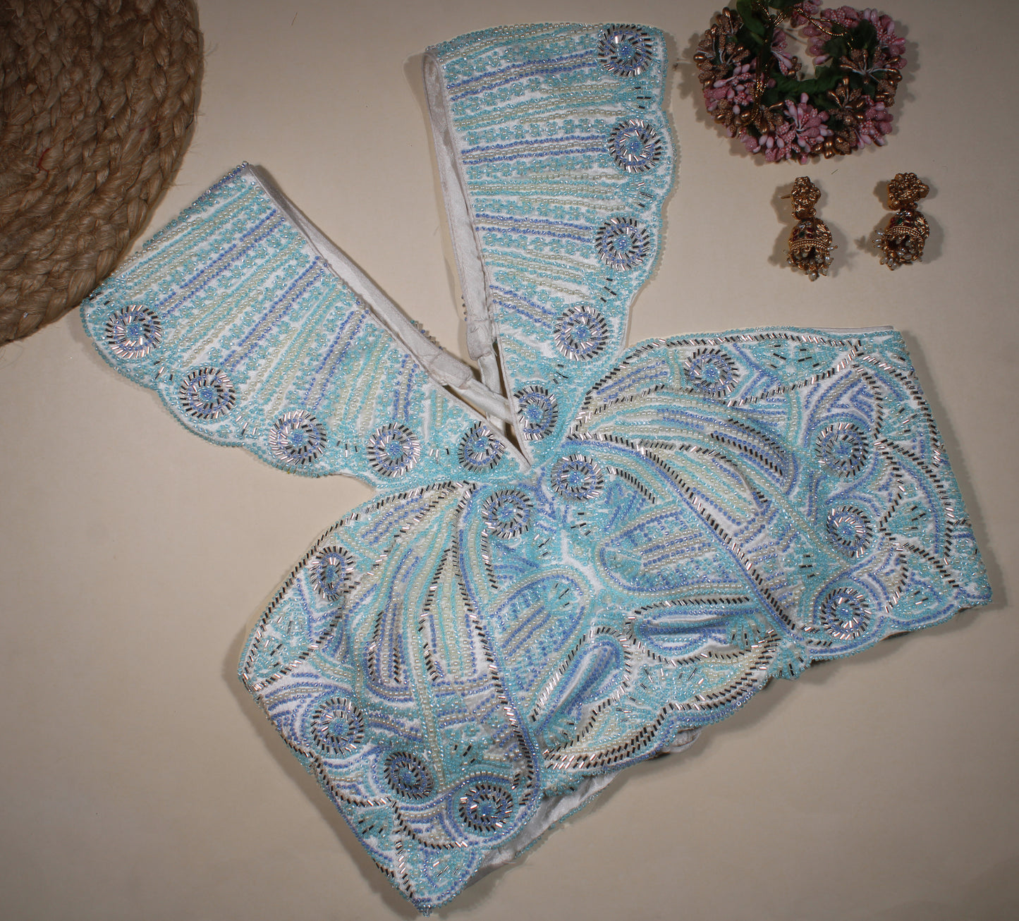 Aqua Sky Blue Scalloped Wing Collar Blouse with Intricate Hand-Embellished Beadwork