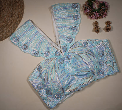 Aqua Sky Blue Scalloped Wing Collar Blouse with Intricate Hand-Embellished Beadwork