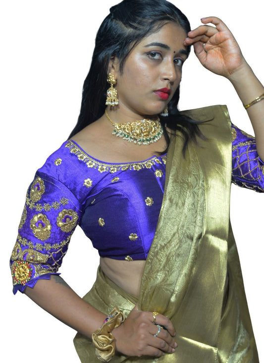 Traditional Purple Blouse with Criss-Cross Sleeves and Lakshmi Aari Work