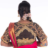 Black Silk Cloth Blouse with Back double peacock and kundan Design