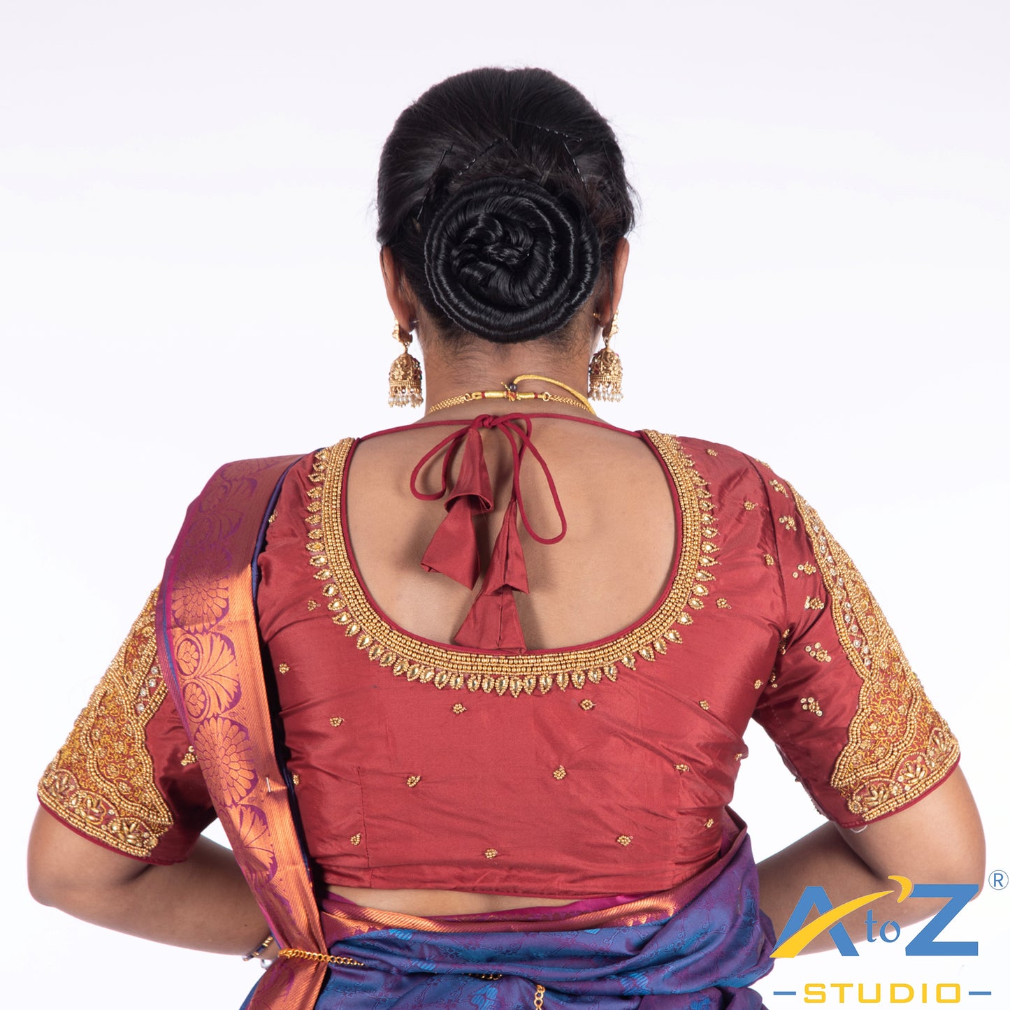 Crimson Red Silk Cloth Blouse with Double Peacock Design