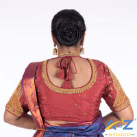 Crimson Red Silk Cloth Blouse with Double Peacock Design