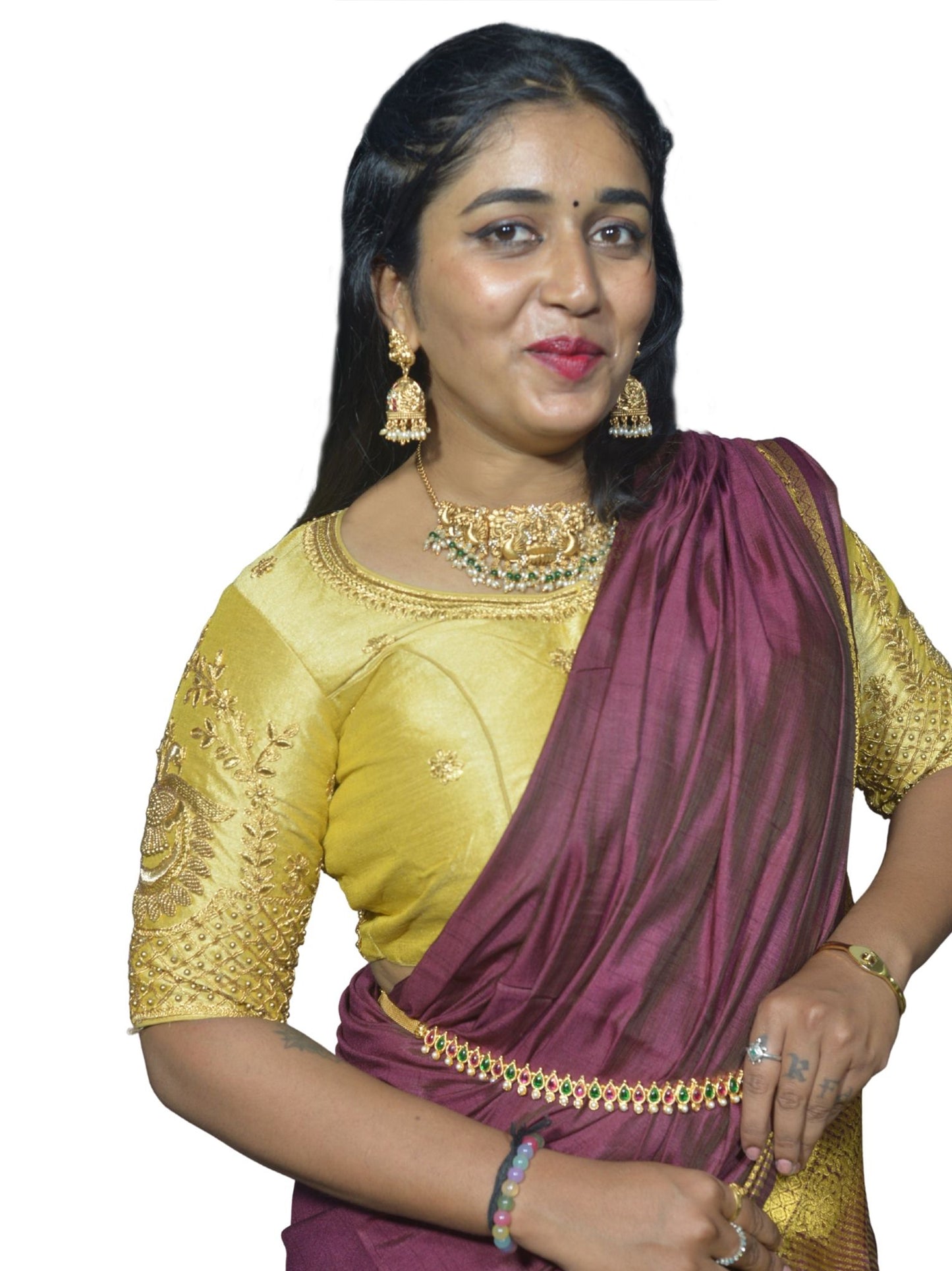 Gold Peacock Blouse with Shoulder Motifs & Criss-Cross Back