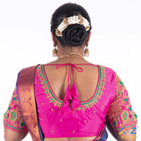Bright Pink Silk Cloth Blouse with Bird and leafs and flowers Design