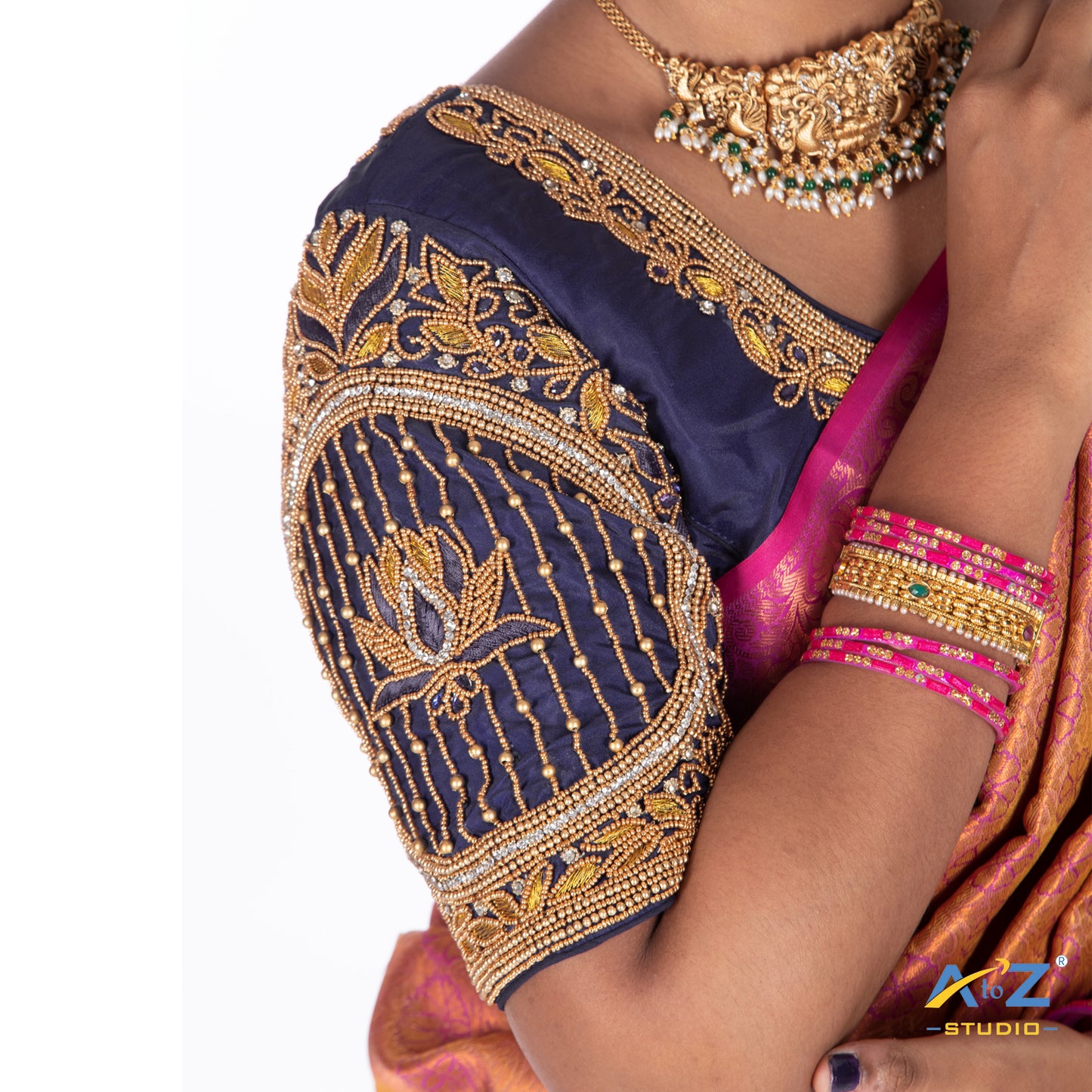 Navy Blue Silk Cloth Blouse with Lotus in circle Design