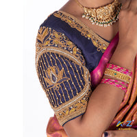 Navy Blue Silk Cloth Blouse with Lotus in circle Design