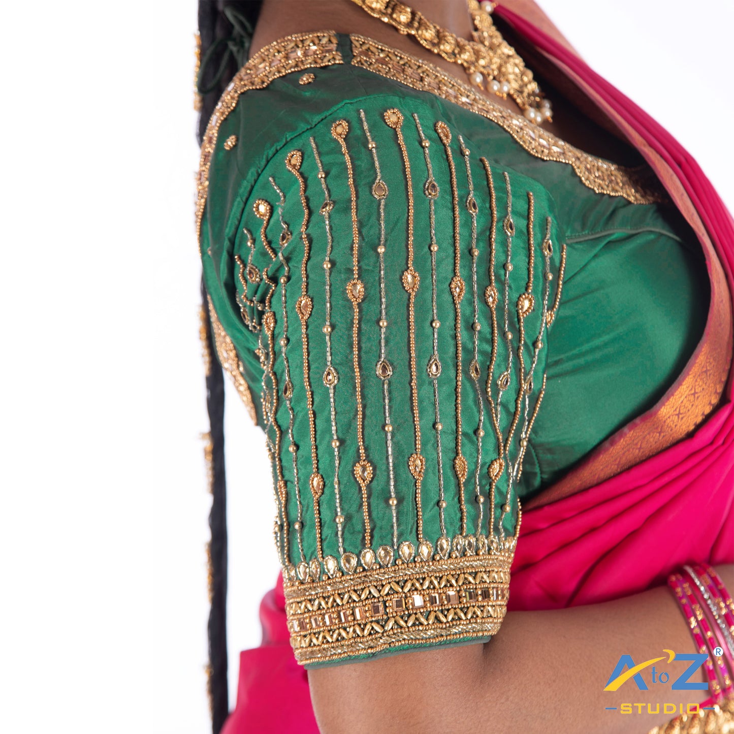 Chateav Green Silk Cloth Blouse with Chain and kundan and mirror design Design