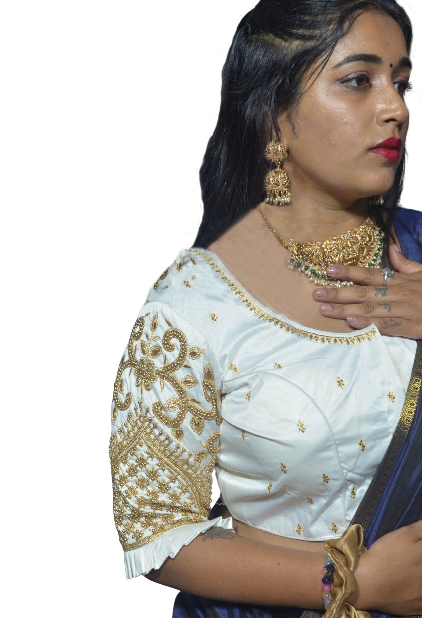 White Blouse with Leaf Sleeves & Dual Embroidery