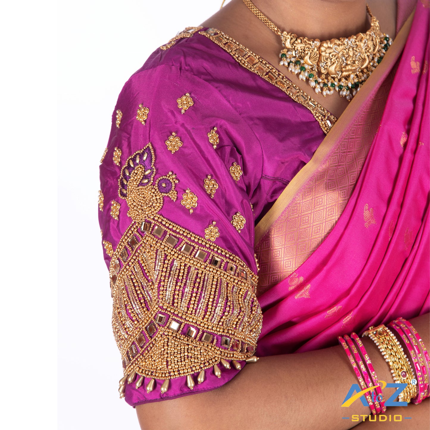 Luxury Purple Silk Cloth Blouse with Small peacock ,chain and mirror Design