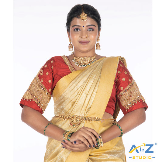 Magenta PInk Silk Cloth Blouse with Small peacock ,chain and mirror Design