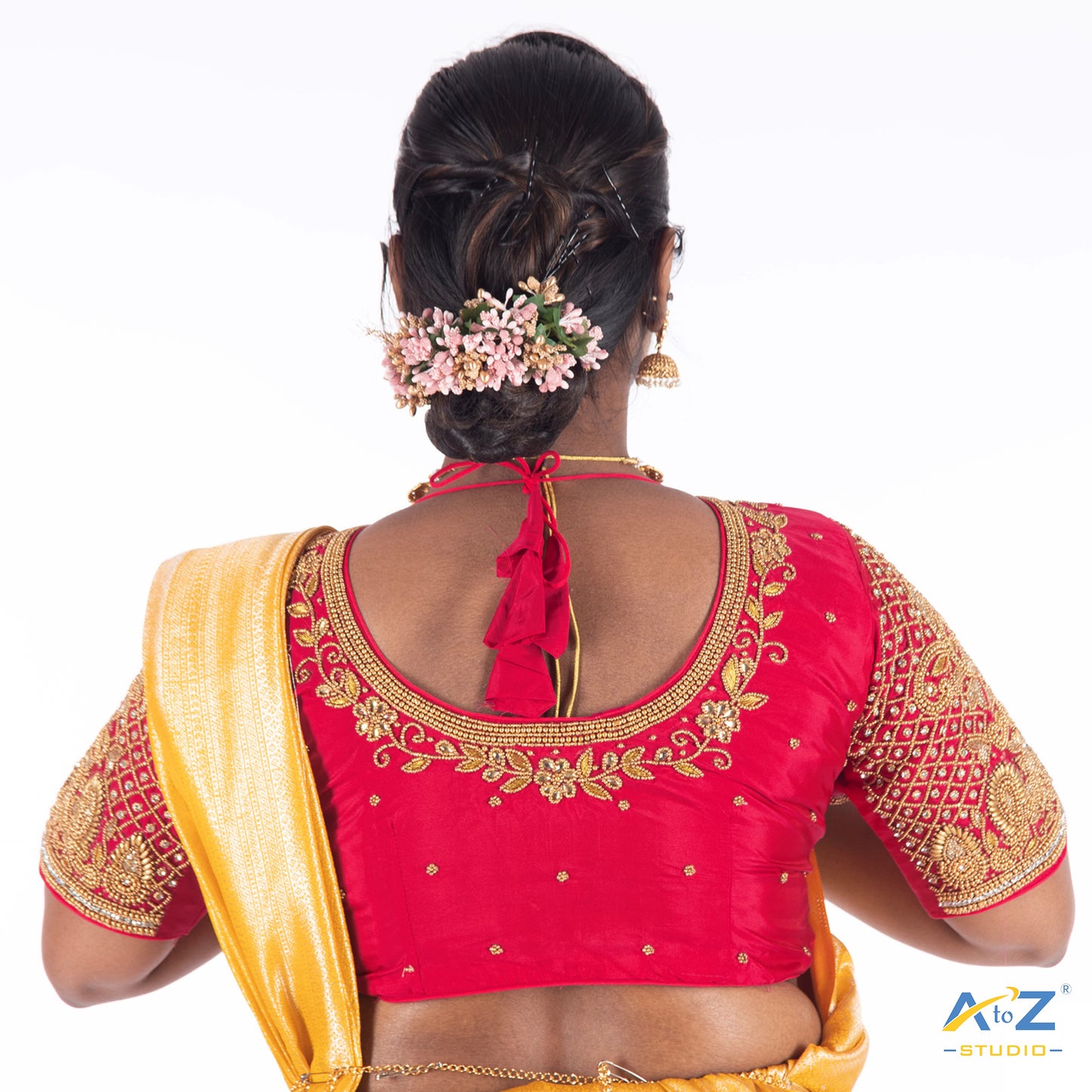 Punch Pink Silk Cloth Blouse with Small Peacock and square chain Design