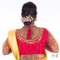 Punch Pink Silk Cloth Blouse with Small Peacock and square chain Design