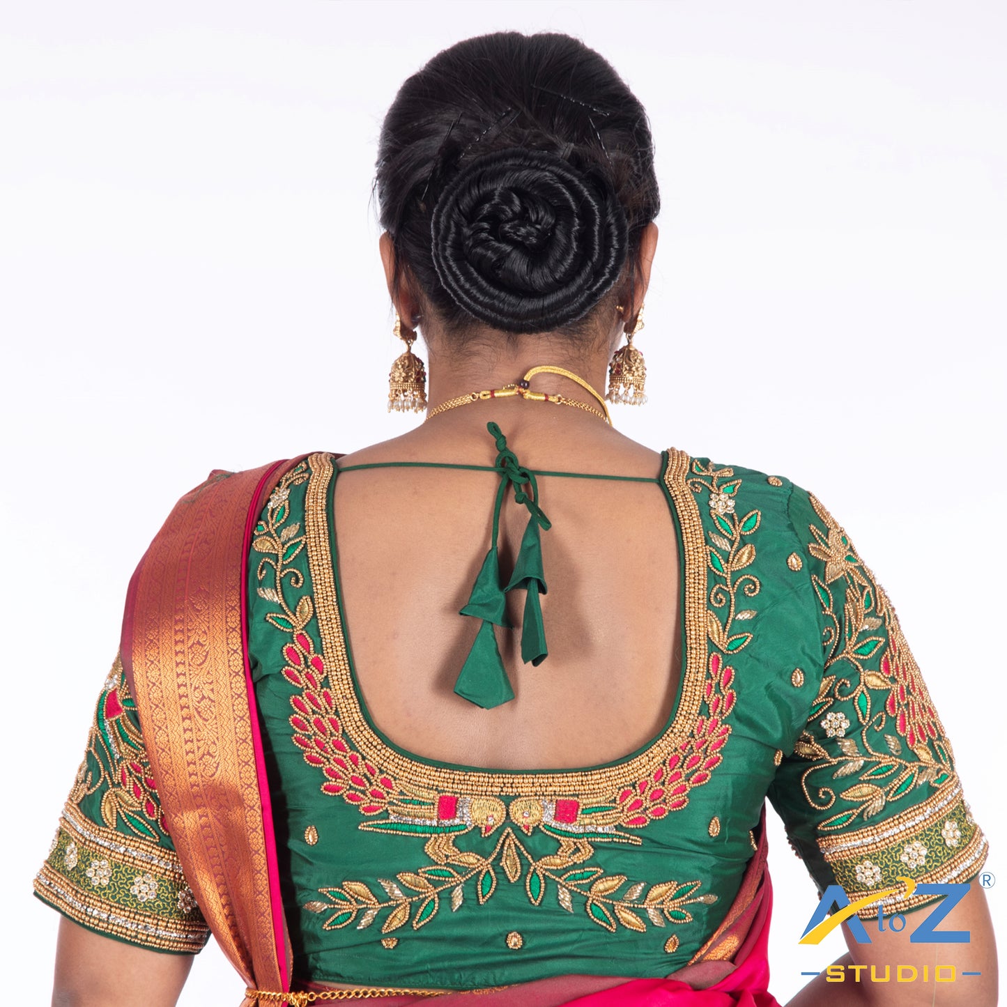Dark Green Silk Cloth Blouse with Peacock Design