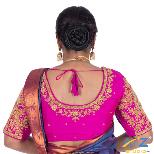 Fuchsia Silk  Blouse with Circle and kundan work Design