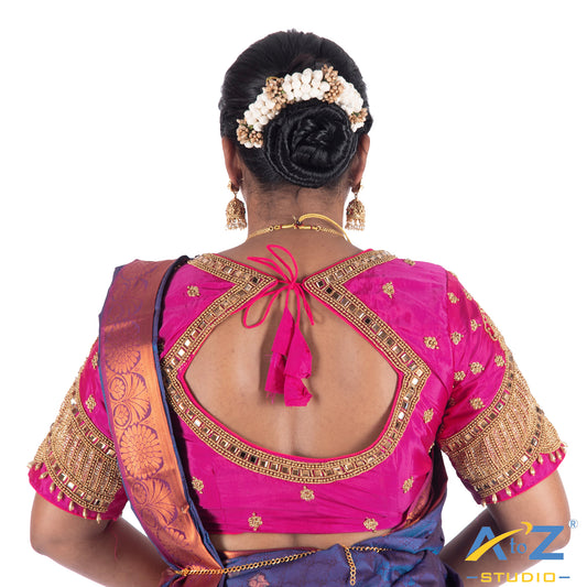 Fuchsia  Silk Cloth Blouse with Small peacock ,chain and mirror Design