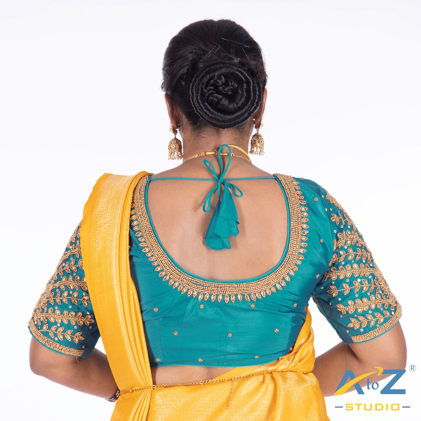 Dark Blue Silk Cloth Blouse with Small leaf (like flower pot) and chain work Design