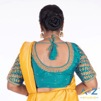 Dark Blue Silk Cloth Blouse with Small leaf (like flower pot) and chain work Design