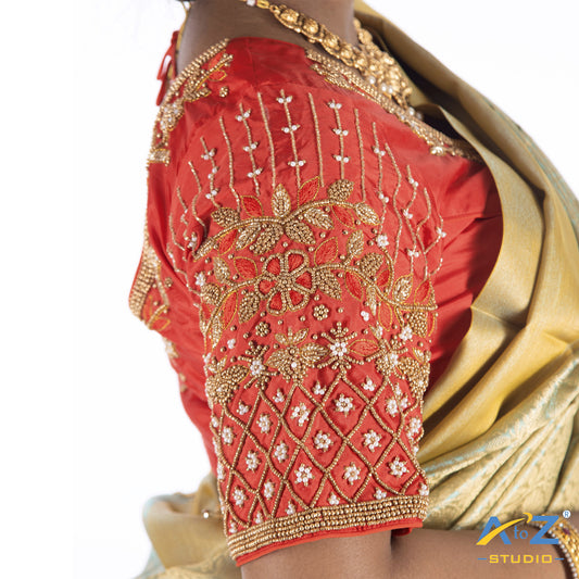 Light Red Silk Cloth Blouse with Flower and Leaf with pearl and chain Design