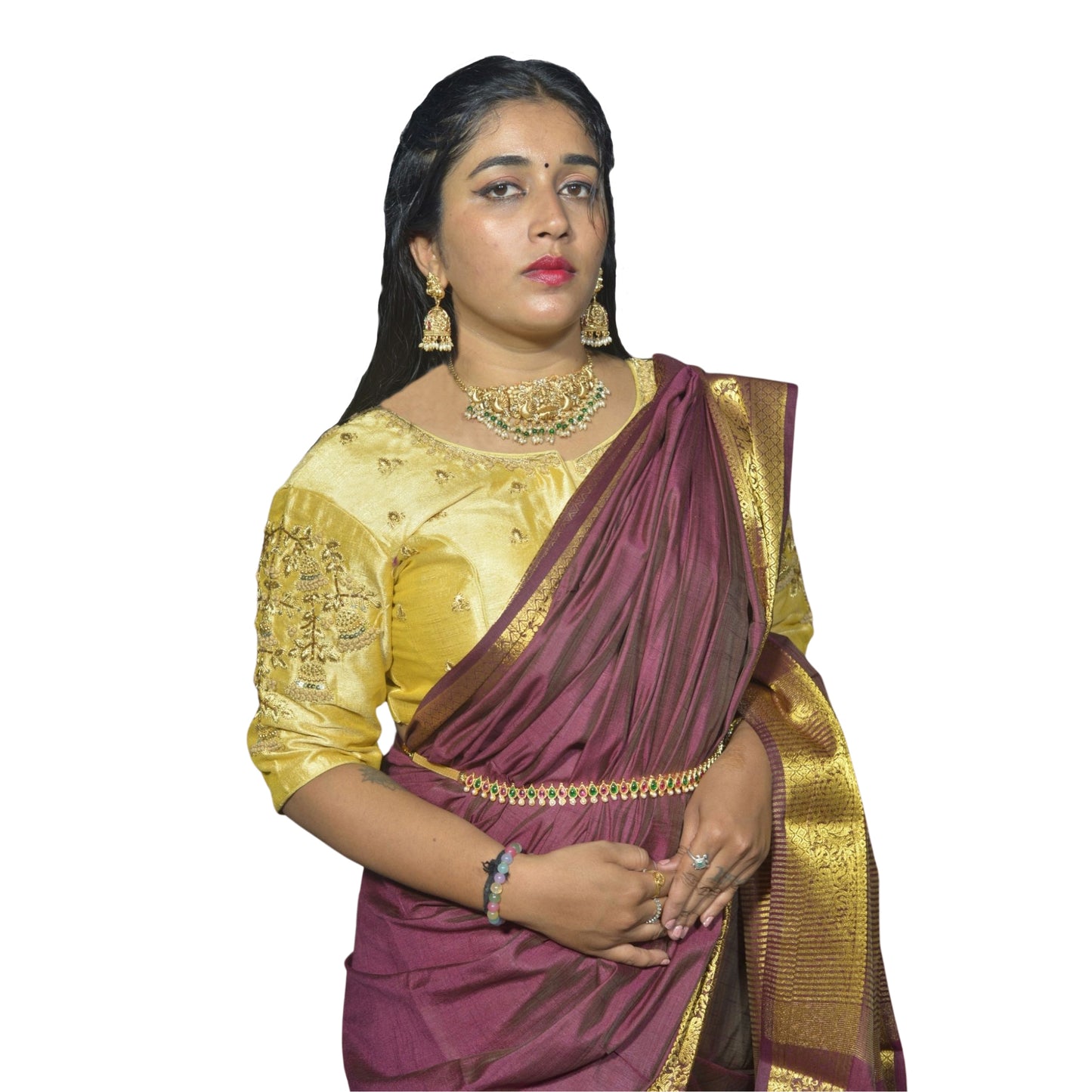 Embroidered Gold Blouse with Floral Aari Fusion Work