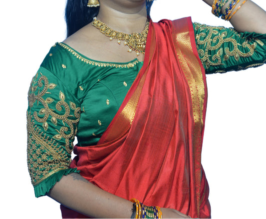 Parrot Green Blouse with Leaf Sleeves & Dual Embroidery